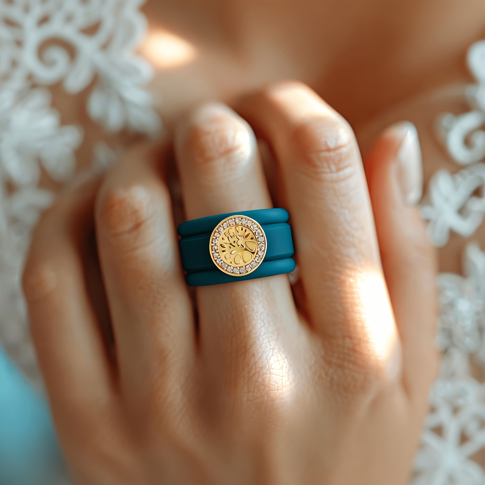 3pcs 14K Gold Plated Blue Silicone Tree Promise Rings